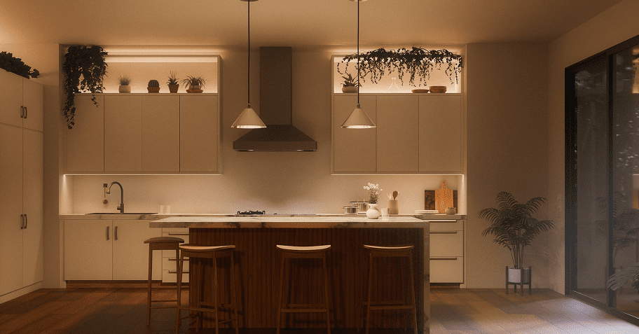 Modern kitchen with island and pendant lights