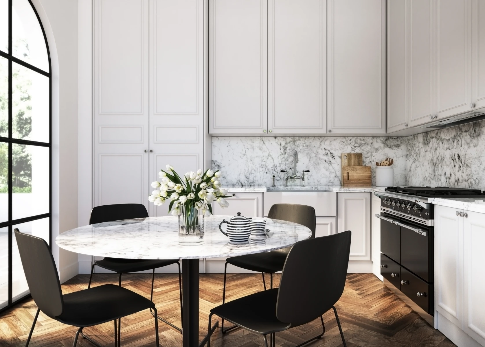 Elegant kitchen with black chairs