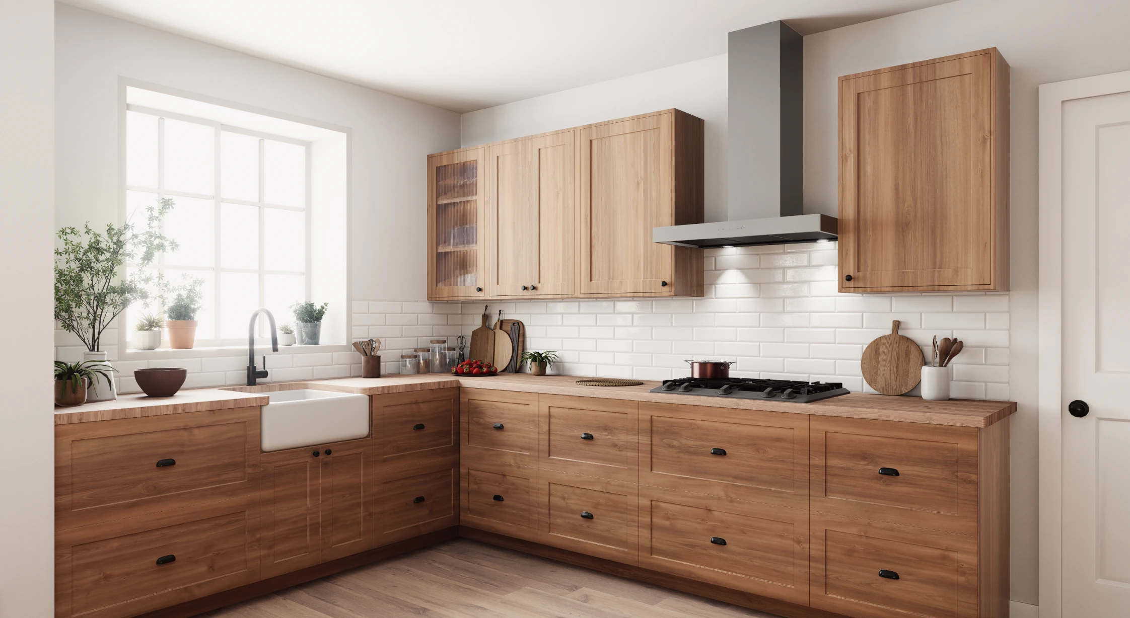Bright kitchen featuring white subway tiles