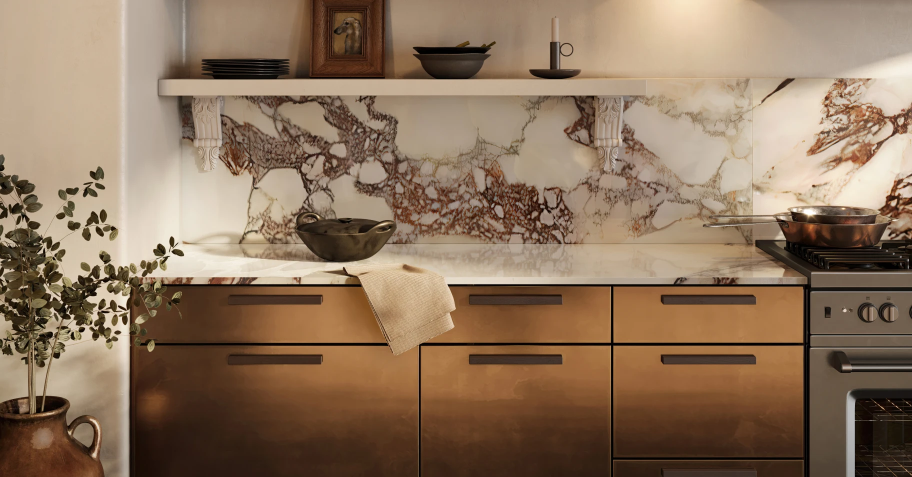 Modern kitchen with marble backsplash